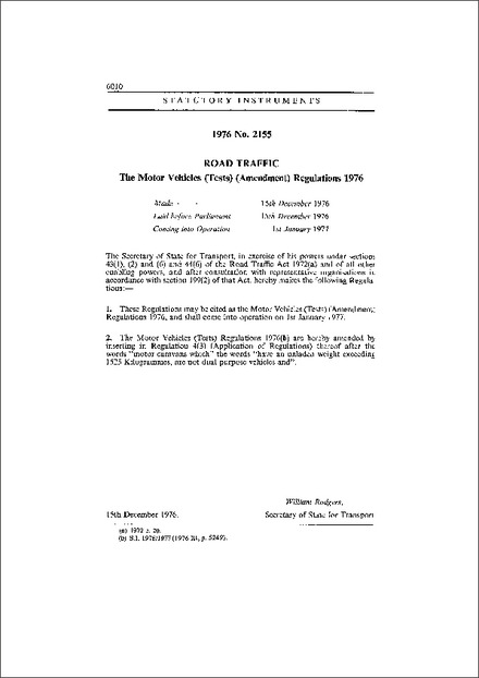 The Motor Vehicles (Tests) (Amendment) Regulations 1976