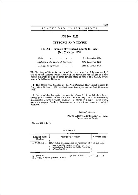 The Anti-Dumping (Provisional Charge to Duty) (No. 7) Order 1976