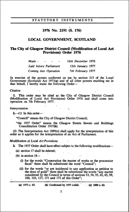 The City of Glasgow District Council (Modification of Local Act Provisions) Order 1976