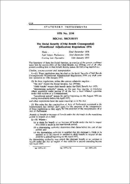 The Social Security (Child Benefit Consequential) (Transitional Adjudication) Regulations 1976