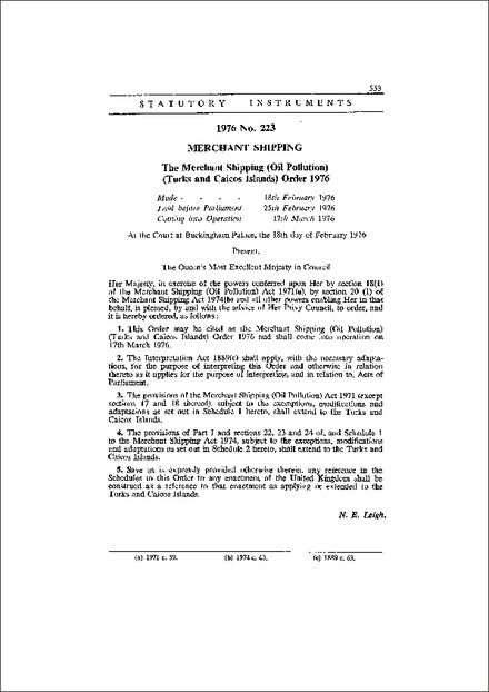 The Merchant Shipping (Oil Pollution) (Turks and Caicos Islands) Order 1976