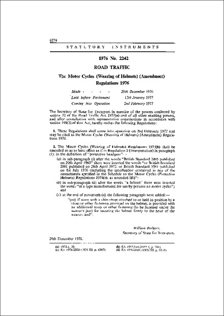 The Motor Cycles (Wearing of Helmets) (Amendment) Regulations 1976