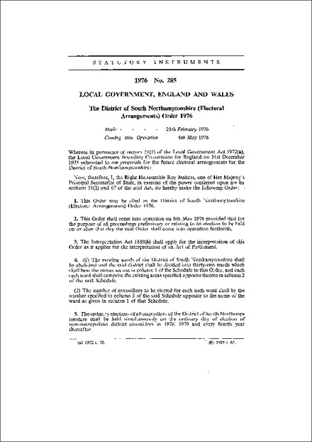 The District of South Northamptonshire (Electoral Arrangements) Order 1976