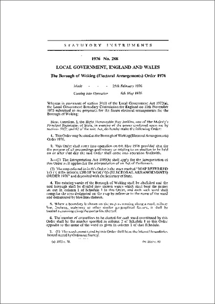 The Borough of Woking (Electoral Arrangements) Order 1976