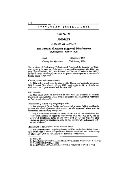The Diseases of Animals (Approved Disinfectants) (Amendment) Order 1976
