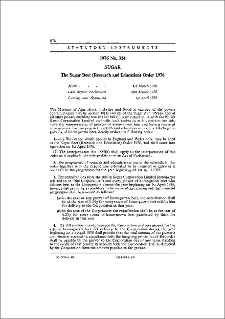 The Sugar Beet (Research and Education) Order 1976