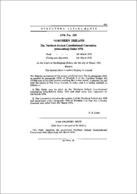 The Northern Ireland Constitutional Convention (Dissolution) Order 1976