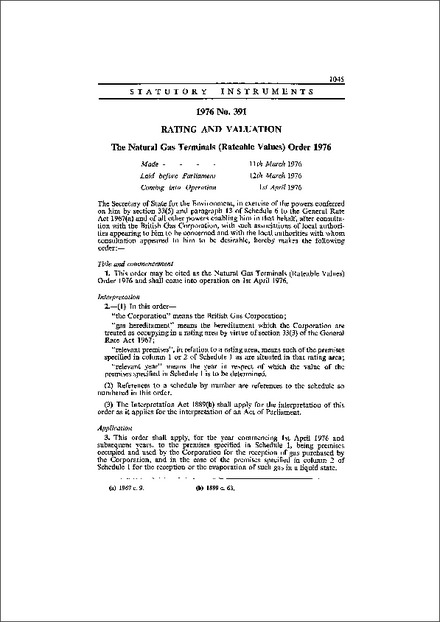 The Natural Gas Terminals (Rateable Values) Order 1976