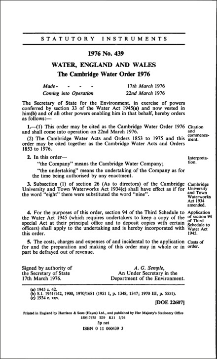 The Cambridge Water Order 1976