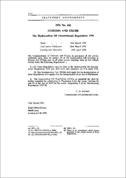 The Hydrocarbon Oil (Amendment) Regulations 1976