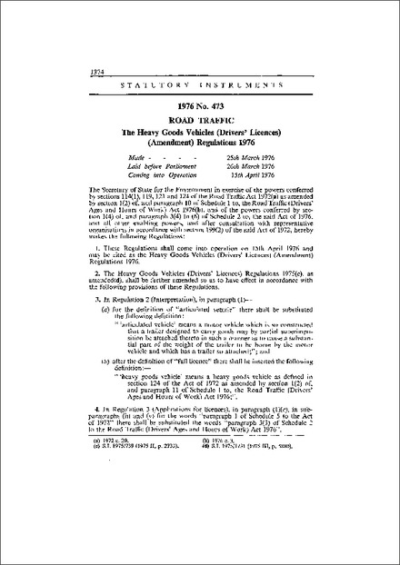 The Heavy Goods Vehicles (Drivers' Licences) (Amendment) Regulations 1976