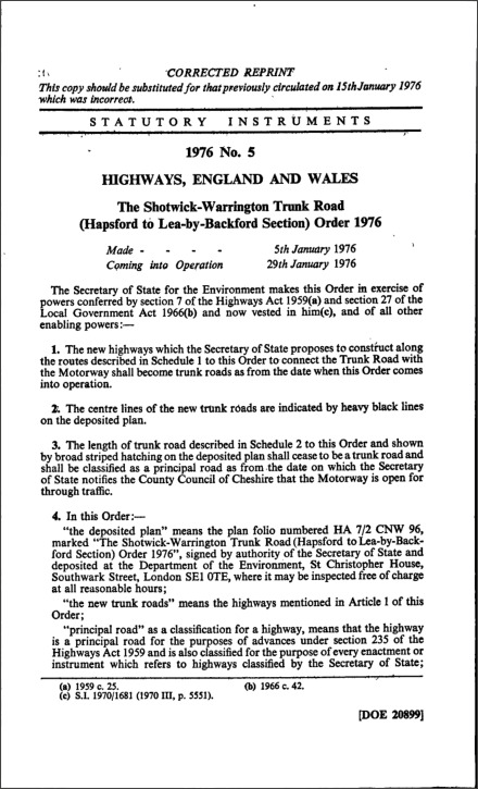 The Shotwick-Warrington Trunk Road (Hapsford to Lea-by-Backford Section) Order 1976