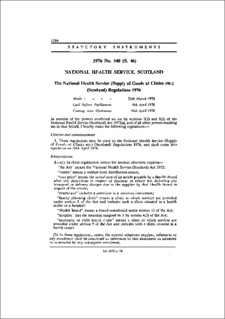 The National Health Service (Supply of Goods at Clinics etc.) (Scotland) Regulations 1976