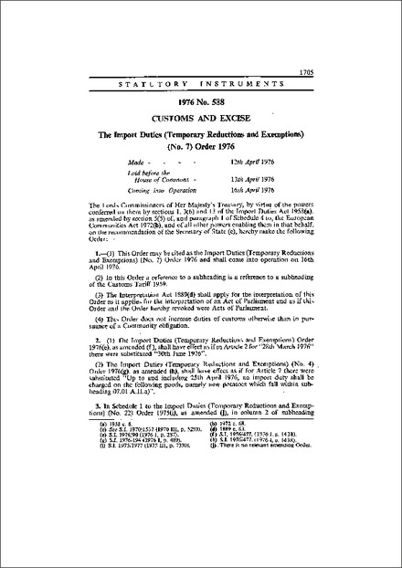 The Import Duties (Temporary Reductions and Exemptions) (No. 7) Order 1976