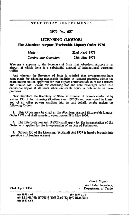 The Aberdeen Airport (Exciseable Liquor) Order 1976