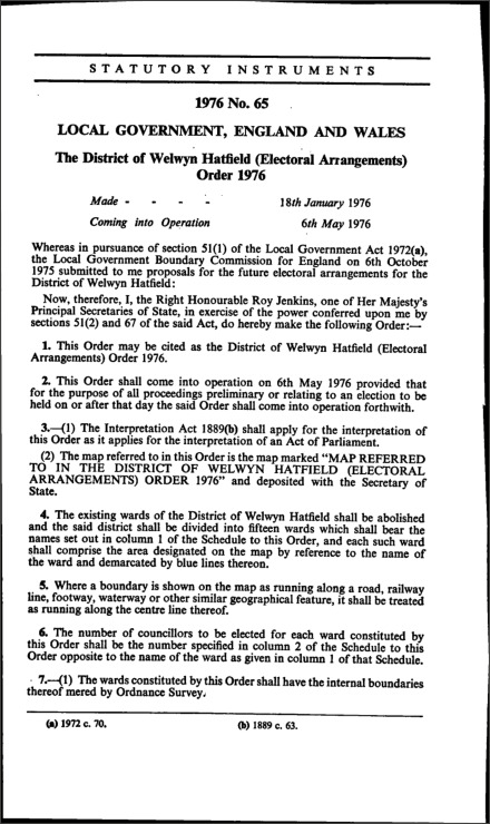 The District of Welwyn Hatfield (Electoral Arrangements) Order 1976