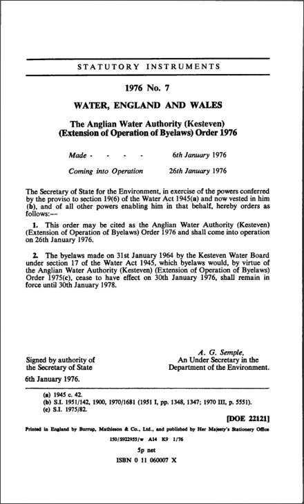 The Anglian Water Authority (Kesteven) (Extension of Operation of Byelaws) Order 1976