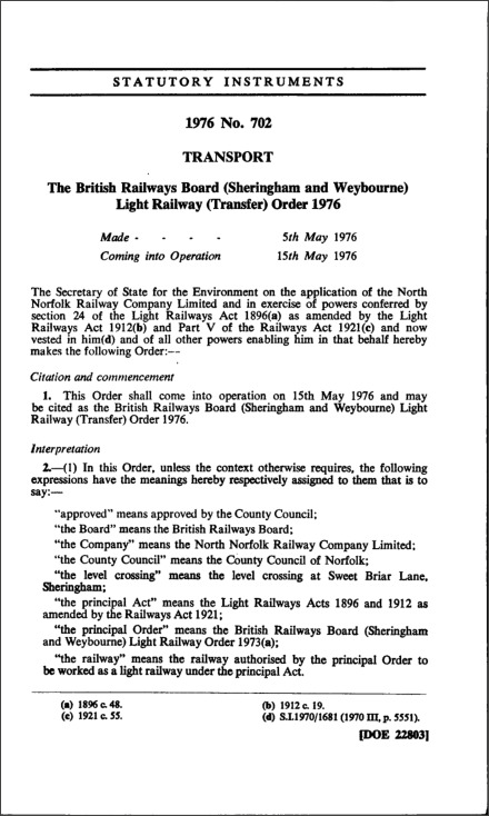 The British Railways Board (Sheringham and Weybourne) Light Railway (Transfer) Order 1976