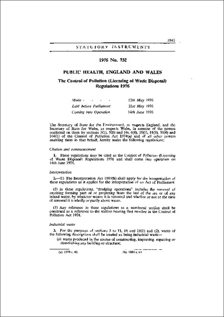 The Control of Pollution (Licensing of Waste Disposal) Regulations 1976