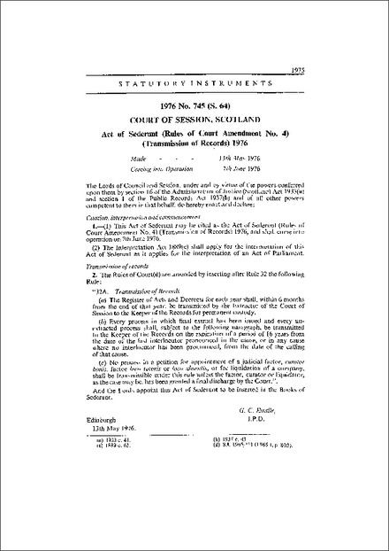 Act of Sederunt (Rules of Court Amendment No. 4) (Transmission of Records) 1976