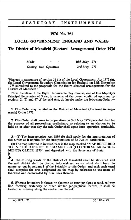 The District of Mansfield (Electoral Arrangements) Order 1976
