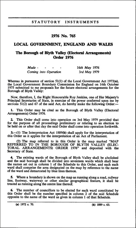 The Borough of Blyth Valley (Electoral Arrangements) Order 1976