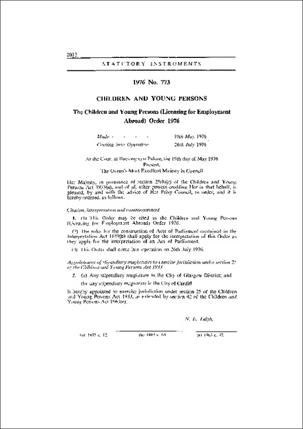 The Children and Young Persons (Licensing for Employment Abroad) Order 1976