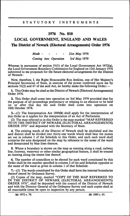 The District of Newark (Electoral Arrangements) Order 1976