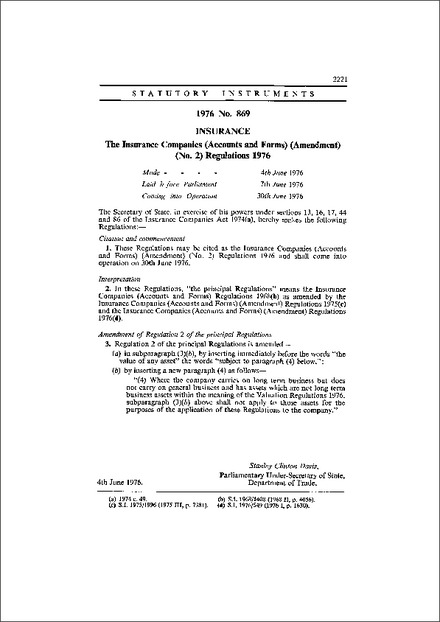 The Insurance Companies (Accounts and Forms) (Amendment) (No. 2) Regulations 1976