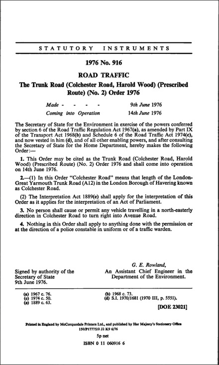 The Trunk Road (Colchester Road, Harold Wood) (Prescribed Route) (No. 2) Order 1976