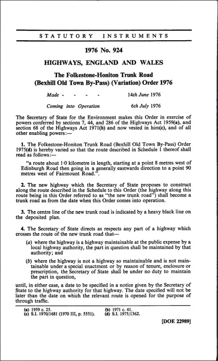 The Folkestone-Honiton Trunk Road (Bexhill Old Town By-Pass) (Variation) Order 1976