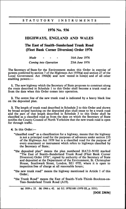 The East of Snaith—Sunderland Trunk Road (Fleet Bank Corner Diversion) Order 1976