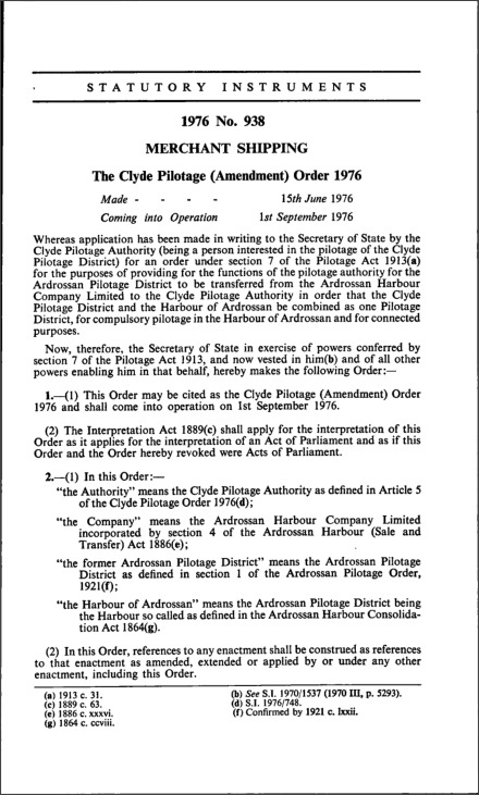 The Clyde Pilotage (Amendment) Order 1976