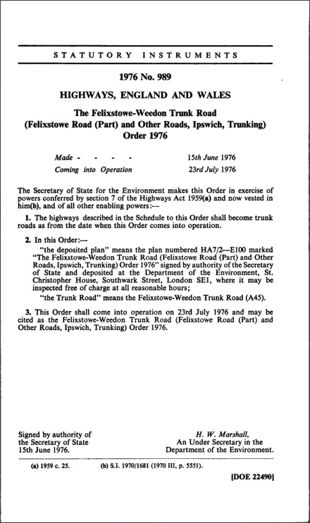 The Felixstowe-Weedon Trunk Road (Felixstowe Road (Part) and Other Roads, Ipswich, Trunking) Order 1976