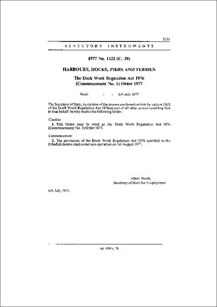 The Dock Work Regulation Act 1976 (Commencement No. 1) Order 1977