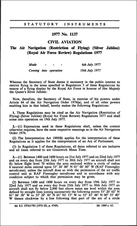 The Air Navigation (Restriction of Flying) (Silver Jubilee) (Royal Air Force Review) Regulations 1977