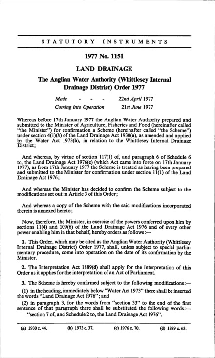The Anglian Water Authority (Whittlesey Internal Drainage District) Order 1977