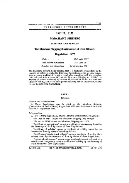 The Merchant Shipping (Certification of Deck Officers) Regulations 1977