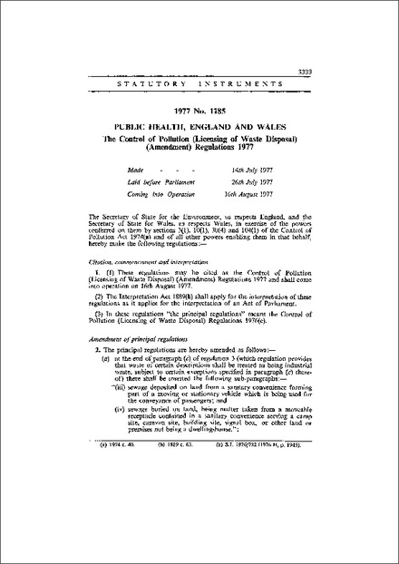 The Control of Pollution (Licensing of Waste Disposal) (Amendment) Regulations 1977