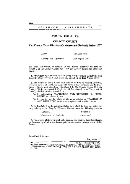 The County Court Districts (Camborne and Redruth) Order 1977