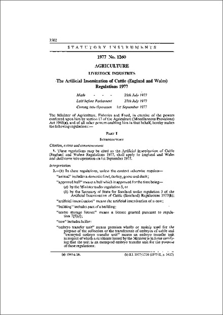 The Artificial Insemination of Cattle (England and Wales) Regulations 1977