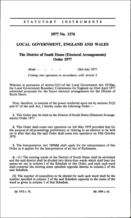 The District of South Hams (Electoral Arrangements) Order 1977