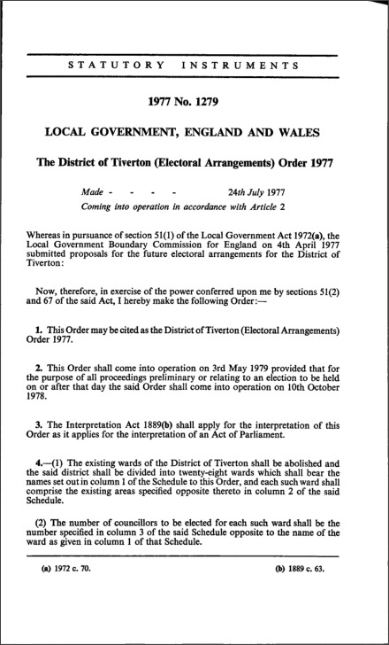 The District of Tiverton (Electoral Arrangements) Order 1977