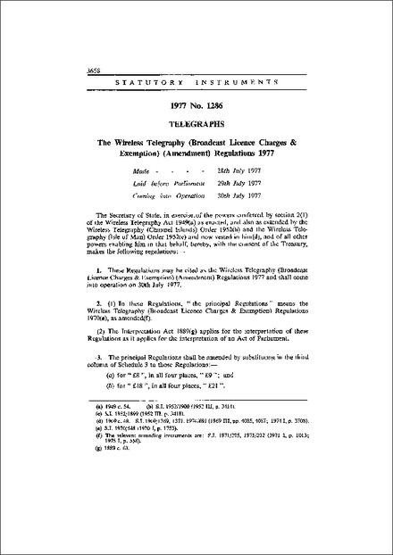 The Wireless Telegraphy (Broadcast Licence Charges & Exemption) (Amendment) Regulations 1977