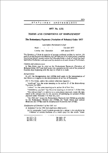 The Redundancy Payments Variation Of Rebates Order 1977