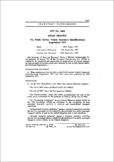 The Public Service Vehicle Operators (Qualifications) Regulations 1977