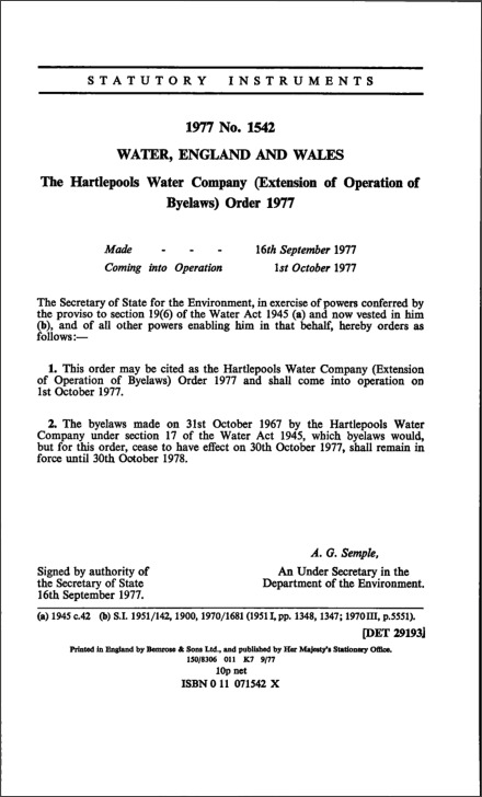 The Hartlepools Water Company (Extension of Operation of Byelaws) Order 1977