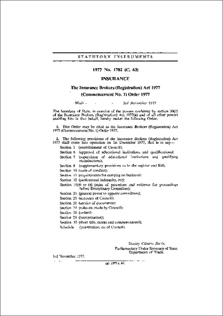 The Insurance Brokers (Registration) Act 1977 (Commencement No. 1) Order 1977