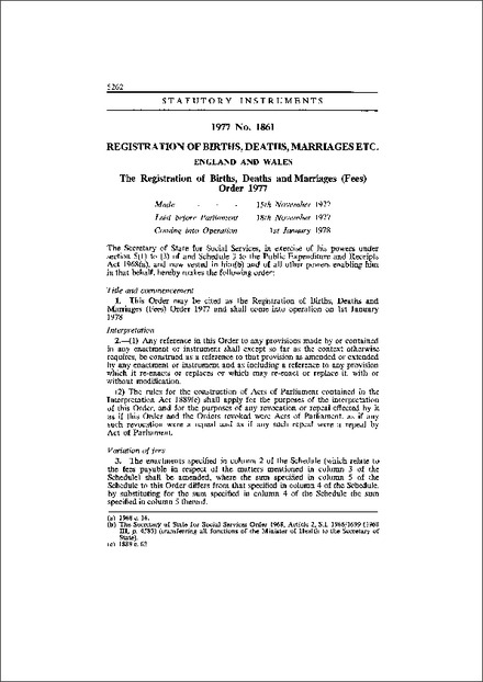 The Registration of Births, Deaths and Marriages (Fees) Order 1977
