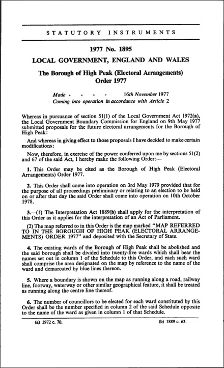 The Borough of High Peak (Electoral Arrangements) Order 1977